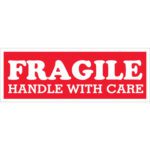 A rectangular red sign with bold white text reads FRAGILE HANDLE WITH CARE, akin to the MH-USA 1 1/2 x 4 labels, ideal for securely marking items.