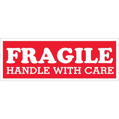 SCL203.jpg A rectangular red sign with bold white text reads FRAGILE HANDLE WITH CARE, akin to the MH-USA 1 1/2 x 4 labels, ideal for securely marking items.