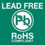 The image shows an MH-USA 2 x 2 label with LEAD FREE at the top and a crossed-out Pb symbol in the center. Below, it reads RoHS COMPLIANT, meeting safety standards. These labels come in rolls of 500 for easy application and visibility.