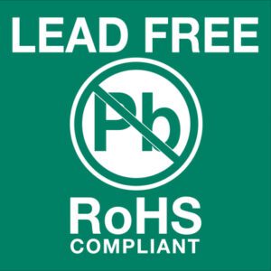 The image shows an MH-USA 2 x 2 label with LEAD FREE at the top and a crossed-out Pb symbol in the center. Below, it reads RoHS COMPLIANT, meeting safety standards. These labels come in rolls of 500 for easy application and visibility.