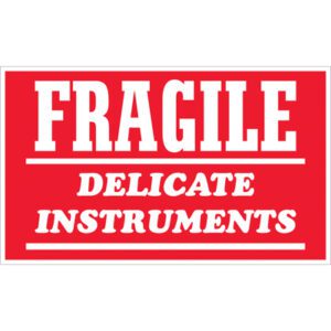 The MH-USA 3 x 5 labels with bold text FRAGILE and DELICATE INSTRUMENTS below are red and white, perfectly sized for easy identification, available in a roll of 500.