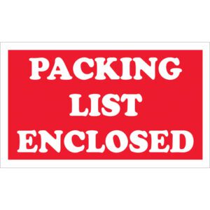 The MH-USA 3 x 5 labels, featuring bold white text on a red rectangle with PACKING LIST ENCLOSED, are conveniently packaged in rolls of 500 for efficient shipping.