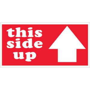 The MH-USA 3 x 6 - This Side Up Arrow Labels feature a red design with white text and an upward arrow for proper handling. Each roll includes 500 labels.