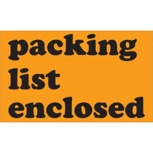 Bold black text on a vibrant fluorescent orange background reads Packing List Enclosed, similar to MH-USA 3 x 5 labels with 500 per roll.