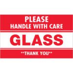 A red and white MH-USA 3 x 5 label states in bold: Glass - Please Handle With Care. Thank you.