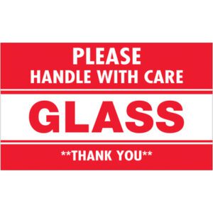 A red and white MH-USA 3 x 5 label states in bold: Glass - Please Handle With Care. Thank you.