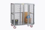 The Little Giant Heavy-Duty Mobile Storage Locker, equipped with red caster wheels and a sturdy metal security cage, features a mesh door that opens to store items like a cardboard box, blue hard hat, and paint can. Its an ideal industrial solution for storage and transportation needs.