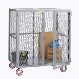 The Little Giant Heavy-Duty Mobile Storage Locker, equipped with red caster wheels and a sturdy metal security cage, features a mesh door that opens to store items like a cardboard box, blue hard hat, and paint can. Its an ideal industrial solution for storage and transportation needs.