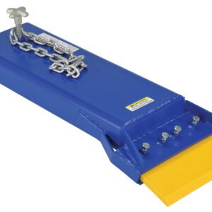 This Vestil Fork Truck product, a blue metal wheel chock with a yellow rubber end and silver chain, showcases robust craftsmanship. Its top surface is adorned with bolts like those on the Vestil Fork Truck Floor Scraper 12 In Blade.