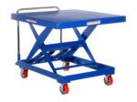 The Vestil Steel Auto-Hite Cart W/ 1000 Lb 42 X 42 has a blue scissor lift table with a flat platform, four red wheels, and a handlebar. It supports up to 1000 lbs and features a visible metal scissor mechanism underneath for smooth lifting.