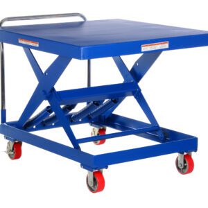 The Vestil Steel Auto-Hite Cart W/ 1000 Lb 42 X 42 has a blue scissor lift table with a flat platform, four red wheels, and a handlebar. It supports up to 1000 lbs and features a visible metal scissor mechanism underneath for smooth lifting.