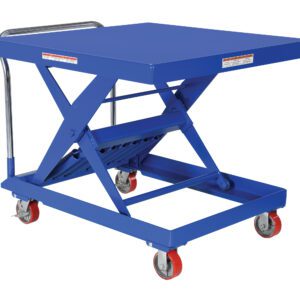 The Vestil Steel Auto-Hite Cart W/ 2000 Lb 42 X 42 features a blue steel scissor lift table with a chrome handle, four red caster wheels, and a robust support mechanism for height adjustment, supporting up to 2000 lbs on its spacious platform.