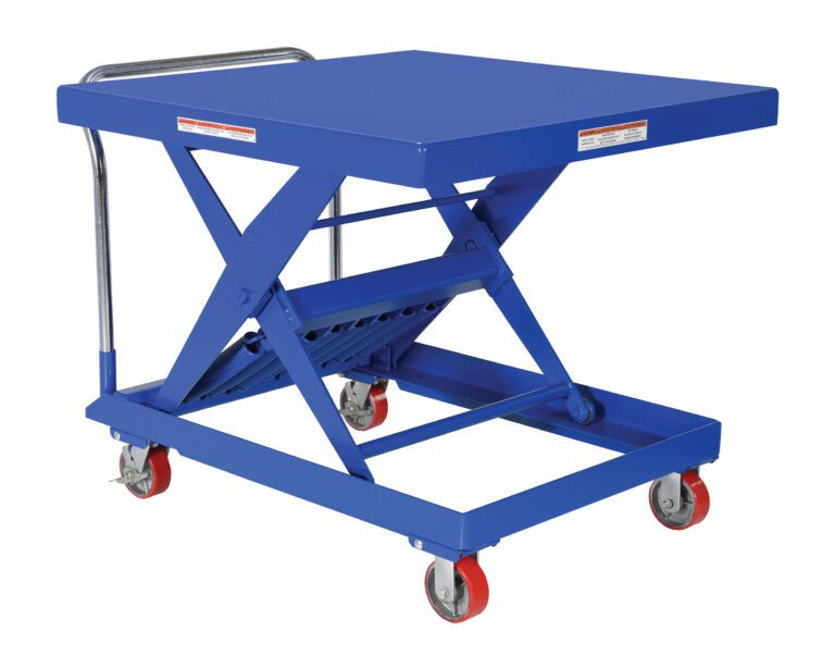 The Vestil Steel Auto-Hite Cart W/ 2000 Lb 42 X 42 features a blue steel scissor lift table with a chrome handle, four red caster wheels, and a robust support mechanism for height adjustment, supporting up to 2000 lbs on its spacious platform.