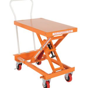 The Vestil Steel Auto-Hite Cart W/ 400 Lb 20 X 32 features an orange hydraulic lift, rectangular platform, white handle, and four red swivel wheels. It includes visible springs and cautionary labels for easy heavy item transport.