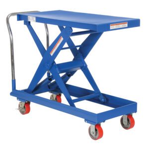 The Vestil Steel Auto-Hite Cart W/ 500 Lb 20.3X40.3 has a blue hydraulic scissor lift table, a handle, and four red caster wheels. Its tabletop dimensions are 20.3x40.3 inches, supporting up to 500 lbs with visible lift mechanism and safety warning labels on the sides.