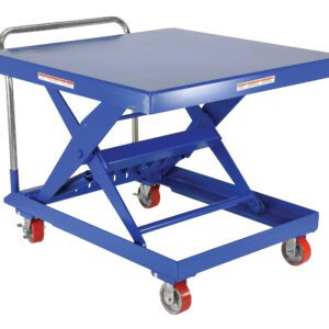 The Vestil Steel Auto-Hite Cart W/ 500 Lb 42 X 42 features a blue scissor lift table with a flat top, silver handle, and four red wheels. It is designed for lifting and transporting heavy items, supporting up to 500 lbs on its spacious platform.