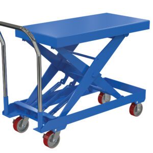 The Vestil Steel Auto-Hite Cart W/ 750 Lb 20.3X40.3 is a blue hydraulic lift cart with a rectangular platform, chrome handle, scissor lift mechanism, and four red wheels, ideal for transporting or lifting up to 750 lbs in industrial or warehouse settings.
