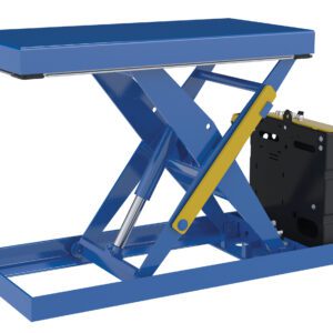 The Vestil Scissor Lift Table features a blue design with a 20x40 rectangular platform, 1000 lb capacity, yellow support arm, and a black motorized AC component.