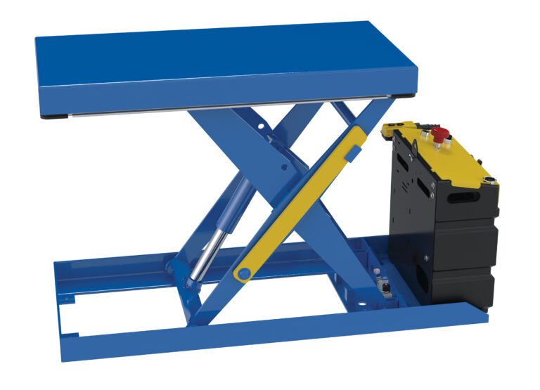 The Vestil Scissor Lift Table 20X40 1000 Lb 12Dc features a blue hydraulic lift with a yellow pump. Its rectangular platform is supported by a crisscross metal frame and includes an integrated control unit with buttons.