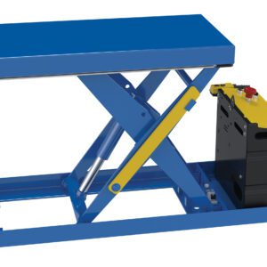 The Vestil Scissor Lift Table 20X40 1000 Lb 12Dc features a blue hydraulic lift with a yellow pump. Its rectangular platform is supported by a crisscross metal frame and includes an integrated control unit with buttons.