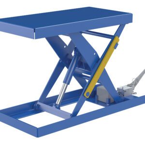 Shown is a 20X40 blue Vestil Scissor Lift Table with hydraulic mechanism and foot pump. It features a yellow support on one side, holds up to 1000 lbs, and has a sturdy design for various tasks.