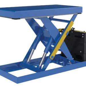 The Vestil Scissor Lift Table 20X40 2000 Capacity AC has a blue rectangular platform, a yellow support bar, and a black mechanical component for efficient operation. Its compact industrial design supports versatile heavy-duty tasks.