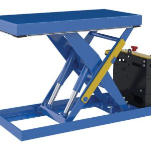 The Vestil Scissor Lift Table 20X40 2000 Lb 12Dc has a blue hydraulic scissor lift, yellow safety bar, and black control unit. In the lowered position, it highlights its durable hydraulic cylinders.