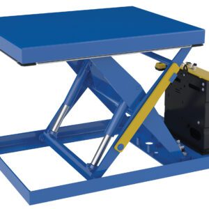 The Vestil Scissor Lift Table 32X40, featuring a blue hydraulic system with yellow components and black motor housing, supports an industrial design with visible metal elements and an open frame base, handling up to 2000 capacity AC.