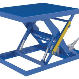 The Vestil Scissor Lift Table 32X40 2000 Foot Pump has a blue rectangular platform, hydraulic mechanism, yellow lever, and foot pump for easy lifting and lowering of loads up to 2000 pounds.