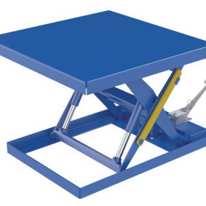 The blue Vestil Scissor Lift Table 42X42 with a yellow handle features a sturdy metal frame, two sets of scissor arms, and a foot pedal. Its designed for elevating or lowering loads up to 2000 pounds using the foot pump.