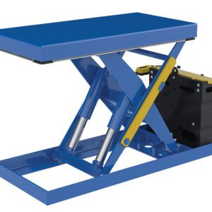 The Vestil Scissor Lift Table 20X40 2500 Capacity Ac features a blue hydraulic platform, pistons, a yellow support bar, and black motor housing on its sturdy metal frame for efficient performance.