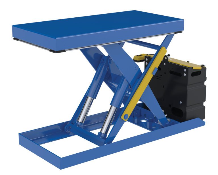 The Vestil Scissor Lift Table 20X40 2500 Capacity Ac features a blue hydraulic platform, pistons, a yellow support bar, and black motor housing on its sturdy metal frame for efficient performance.