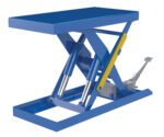 Meet the Vestil Scissor Lift Table 20X40, designed to handle up to 2500 lbs. Featuring a foot pump control, this blue hydraulic lift includes a rectangular platform with yellow safety bar and X-shaped support, offering seamless operation for efficient material handling tasks.
