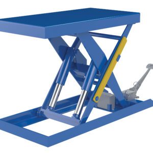 Meet the Vestil Scissor Lift Table 20X40, designed to handle up to 2500 lbs. Featuring a foot pump control, this blue hydraulic lift includes a rectangular platform with yellow safety bar and X-shaped support, offering seamless operation for efficient material handling tasks.