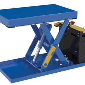 The blue Vestil Scissor Lift Table 20X33 500 Lb 12Dc has a flat platform, sturdy base, and is partially raised. It features a yellow lever and red emergency stop on the black side-mounted control box.