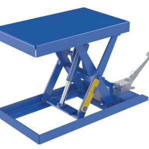 The Vestil Scissor Lift Table 20X33 500 Foot Pump, with a manual handle and sturdy industrial design, is perfect for lifting heavy items. Its blue hydraulic system ensures efficiency and reliability in demanding environments.