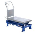 The Vestil Foot Pump Scissor Lift 800 Lb 20 X 35.5 has a blue and silver metal frame, can lift up to 800 lbs, and features a rectangular 20 x 35.5 platform with small wheels for easy mobility, perfect for efficiently moving heavy items.