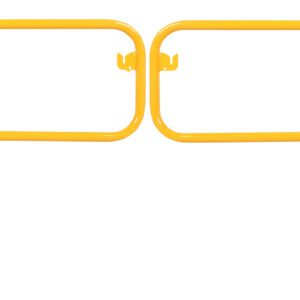 The Vestil Swivel Dock Gate Pair for a 9 ft door features two parallel horizontal bars with a central hinge and latch mechanism for secure closure. It opens in the center and is supported by two vertical posts, all in a simple, utilitarian yellow design.