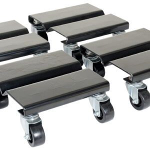 The Vestil Steel Dolly Set includes four 8L x 8W dollies, each featuring a flat rectangular surface and silver swivel casters on black. Designed for effortless moving, these are arranged in two rows.