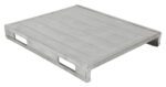 The Vestil Solid Steel Deck Pallet 39.5 X 47 X 6.5 is a silver metal pallet with a flat, solid top and four rectangular side openings for handling, ideal for industrial or warehouse use.