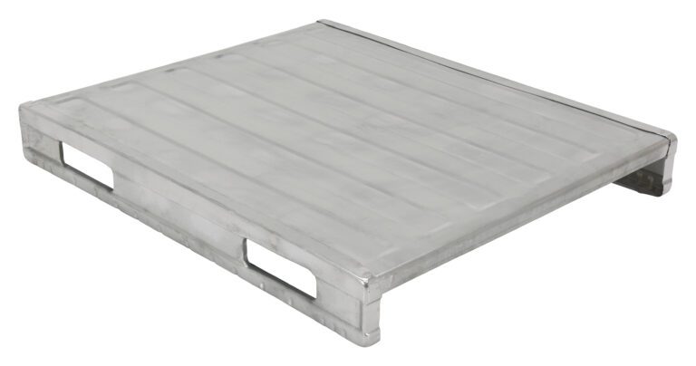 The Vestil Solid Steel Deck Pallet 39.5 X 47 X 6.5 is a silver metal pallet with a flat, solid top and four rectangular side openings for handling, ideal for industrial or warehouse use.
