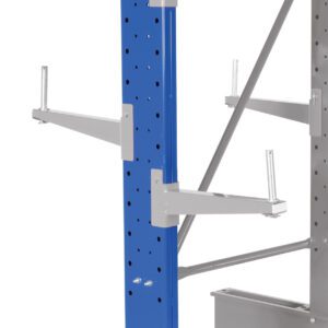 The Vestil Std Cantilever Dbl Upright 10Ft 12Arm features a blue support column and gray adjustable arms. Designed for heavy-duty storage with easy customization through holes, it includes cross-bracing for stability.