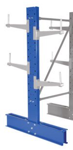 The Vestil Std Cantilever Dbl Upright 10Ft 18Arm storage system boasts blue metal racking with adjustable silver arms, multiple customization holes, and a sturdy base. Ideal for warehouses or workshops, the 18 arms offer strong support for bulky items.