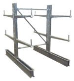 The Vestil Cantilever Galv 6 Ft Dbl Side 36 Arm Set boasts a metal frame with horizontal beams, vertical supports, adjustable components, and cross-bracing for heavy-duty use, all stabilized on two parallel base beams.