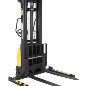 The Vestil Hand Pump/Dc Stacker 118 In Adj Fork/Leg, set against a plain white background, features two adjustable forks and a hand pump for easy operation. Its yellow and black design with safety labels enhances lifting task efficiency.