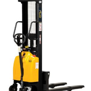 The Vestil Hand Pump/DC Stacker 118 In Fix Fork/Leg sports a yellow and black design with a steering handle, fixed fork legs, warning labels, and a vertical lifting mechanism for easy pallet movement in warehouses. Wheels offer smooth maneuverability for enhanced efficiency.