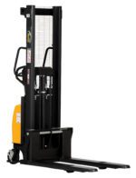 The Vestil Hand Pump/DC Stacker 63 In Fix Fork/Leg, in yellow and black, boasts adjustable forks and a tall mast for lifting. Its user-friendly handle and visible base wheels ensure effortless mobility with sturdy performance.