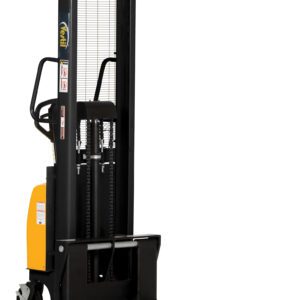 The Vestil Hand Pump/DC Stacker 63 In Fix Fork/Leg, in yellow and black, boasts adjustable forks and a tall mast for lifting. Its user-friendly handle and visible base wheels ensure effortless mobility with sturdy performance.