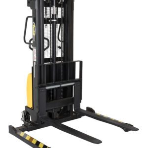 The Vestil Hand Pump/DC Stacker 98 In Adj Fork/Leg, with black and yellow components, features a robust lifting mechanism and adjustable forks and legs for efficient pallet handling, all presented against a plain white background.