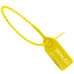 The MH-USA 18 Yellow Pull-Tight Seals (100/Case) feature a yellow plastic security seal with a locking mechanism and pull-through strap, labeled SEALED with number 0275691. They provide reliable and convenient security.